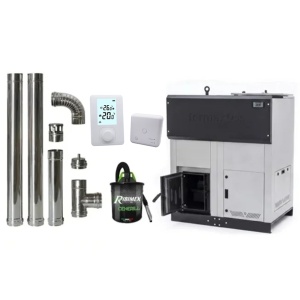 Pachet economic - Centrala cu peleti Termax ECO GRI 35 kW, 220 mp, buncar peleti 130 kg, volum apa 95 litri, diametru cos fum ⌀80 mm + Termostat inteligent + Aspirator cenusa 1000W + Cos fum inox de interior ⌀80 mm
