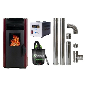 Pachet economic - Soba pe peleti KOPH PD 10 kW, cu aer cald, buncar peleti 12 kg, 60 mp, Bordo + Stabilizator tensiune + Aspirator cenusa 1000W + Cos fum inox de interior ⌀80 mm