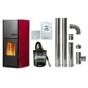 Pachet economic - Termosemineu cu peleti KOPH PM 25 kW Fiama, 160 mp, buncar peleti 25 kg, diametru cos fum ⌀80 mm, pompa recirculare si vas expansiune incorporate, Bordo + Termostat ambiental KOPH 303RF + Aspirator cenusa 1000W + Cos fum inox de interior