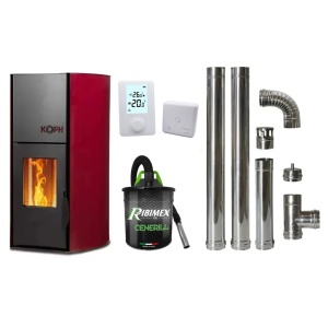Pachet economic - Termosemineu cu peleti KOPH PM 25 kW Fiama, 160 mp, buncar peleti 25 kg, diametru cos fum ⌀80 mm, pompa recirculare si vas expansiune incorporate, Bordo + Termostat inteligent + Aspirator cenusa 1000W + Cos fum inox de interior