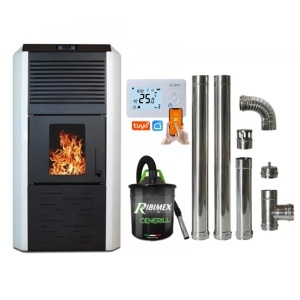 Pachet economic - Termosemineu cu peleti Termax Kamin ECO, 30 kW, 220 mp, buncar peleti 55 kg, diametru cos fum ⌀80 mm, vas expansiune si pompa recirculare incluse, Alb + Termostat inteligent + Aspirator cenusa 1000W + Cos fum inox de interior ⌀80 mm