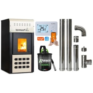 Pachet economic - Termosemineu pe peleti Termax Kamin ECO, 25 kW, 160 mp, buncar peleti 45 kg, diametru cos fum ⌀80 mm, vas expansiune si pompa recirculare incluse, Crem + Termostat inteligent + Aspirator cenusa 1000W + Cos fum inox de interior ⌀80 mm