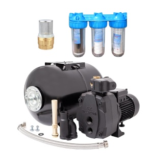 Pachet hidrofor cu pompa de mare adancime Wasserkonig, putere 1500 W, debit 2880 l/h, inaltime refulare 68 m, vas de expansiune 24 litri, Set 3 filtre ALFAKAL 10", pentru apa, nylon, bumbac si carbune activ, racord 1" si Supapa de sens cu sorb sita 1"