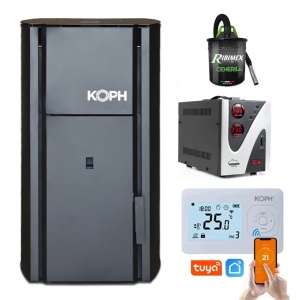 Pachet Smart Control - Centrala cu peleti KOPH PM 30 kW, 200 mp, diametru cos fum ⌀80 mm, manta apa 30 litri, pompa recirculare si vas expansiune incorporate + Termostat inteligent KOPH I302 WiFi + Aspirator cenusa 1000W + Stabilizator tensiune