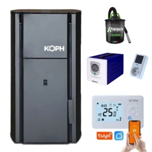 Pachet Smart Control - Centrala cu peleti KOPH PM 30 kW, 200 mp, diametru cos fum ⌀80 mm, manta apa 30 litri, pompa recirculare si vas expansiune incorporate + Termostat inteligent KOPH I302 WiFi + Aspirator cenusa 1000W + Sursa KOPH 500 W + Stecher