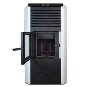 Pachet Smart Control - Termosemineu cu peleti Termax Kamin ECO, 30 kW, 220 mp, volum apa 49 litri, diametru cos fum ⌀80 mm, vas expansiune si pompa recirculare incluse + Termostat inteligent KOPH I302 WiFi + Aspirator cenusa 1000W + Stabilizator tensiune