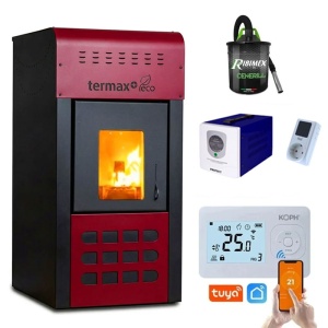 Pachet Smart Control - Termosemineu pe peleti Termax Kamin ECO, 25 kW, 160 mp, volum apa 42 litri, vas expansiune si pompa recirculare incluse + Termostat inteligent KOPH I302 WiFi + Aspirator cenusa 1000W + Sursa KOPH 500 W + Stecher