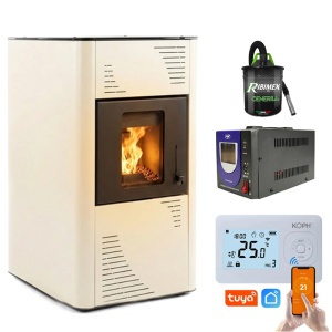 Pachet Smart Control - Termosemineu pe peleti Termax Kamin PM 15 kW, 120 mp, volum apa 30 litri, diametru cos fum ⌀80 mm, vas expansiune si pompa recirculare incluse + Termostat inteligent KOPH I302 WiFi + Aspirator cenusa 1000W + Stabilizator tensiune