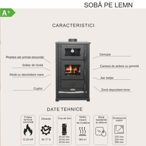 Pachet soba pe lemn Termax Bucovina, 12.2 kW, cuptor incorporat, randament 84.17%, 80 m², Bordo, set accesorii, aspirator cenusa si suport lemne foc metalic Termax XL - Img 10