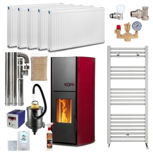 Pachet termosemineu cu peleti KOPH PM 18 kW, 120 mp, buncar 15 kg, diametru cos fum ⌀80 mm, pompa recirculare si vas expansiune incorporate, Bordo, Calorifere, Grup siguranta