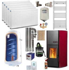 Pachet termosemineu cu peleti KOPH PM 18 kW, 120 mp, buncar 15 kg, diametru cos fum ⌀80 mm, pompa recirculare si vas expansiune incorporate, Bordo, Calorifere, Grup siguranta, Robineti tur/retur, Boiler termoelectric Tesy 80 litri