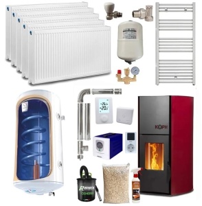 Pachet termosemineu cu peleti KOPH PM 18 kW, 120 mp, buncar 15 kg, diametru cos fum ⌀80 mm, pompa recirculare si vas expansiune incorporate, Calorifere, Grup siguranta, Boiler termoelectric, Sursa KOPH 700 W + Stecher Schuko cu protectie