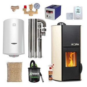Pachet termosemineu cu peleti KOPH PM 25 kW Fiama, 160 mp, buncar peleti 25 kg, diametru cos fum ⌀80 mm, pompa recirculare si vas expansiune incorporate, Crem, Grup siguranta, Filtru Y si Boiler termoelectric Ariston 100 litri