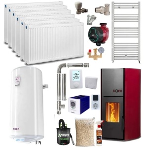 Pachet termosemineu cu peleti KOPH PM 25 kW Fiama, 170 mp, buncar peleti 25 kg, diametru cos fum ⌀80 mm, pompa recirculare si vas expansiune incorporate, Bordo, Calorifere, Boiler termoelectric, Sursa KOPH 700 W + Stecher Schuko
