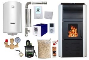 Pachet termosemineu cu peleti Termax Kamin ECO, 30 kW, 220 mp, buncar peleti 55 kg, volum apa 49 litri, diametru cos fum ⌀80 mm, vas expansiune si pompa recirculare incluse, Alb, Grup siguranta si Boiler termoelectric Ariston 100 litri