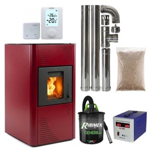 Pachet termosemineu cu peleti Termax Kamin PM 15 kW, 120 mp, buncar peleti 30 kg, volum apa 30 litri, diametru cos fum ⌀80 mm, vas expansiune si pompa recirculare incluse, Bordo