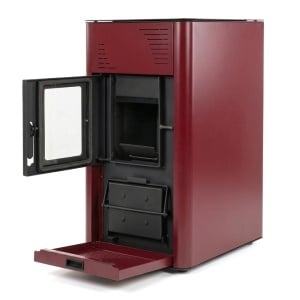 Pachet termosemineu cu peleti Termax Kamin PM 15 kW, 120 mp, buncar peleti 30 kg, volum apa 30 litri, diametru cos fum ⌀80 mm, vas expansiune si pompa recirculare incluse, Sursa KOPH 700 W + Stecher Schuko cu protectie la joasa si inalta tensiune, Bordo - Img 3