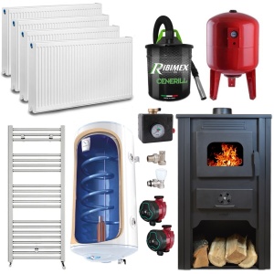 Pachet termosemineu pe lemn Termax Alma, 11.52 kW, randament 85.59%, 75 m², Rosu, Calorifere, Pompe Recirculare, Grup siguranta, Vas expansiune, Robineti tur/retur, Aspirator cenusa si Boiler termoelectric Tesy 80 litri