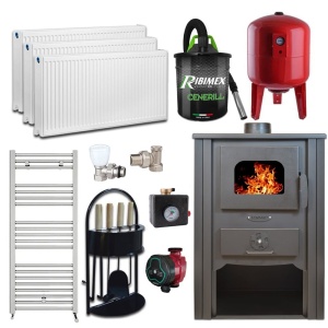 Pachet Termosemineu pe lemn Termax Decebal, 11.52 kW, randament 85.59%, 75 m², Bordo, Calorifere, Pompa Recirculare, Grup siguranta, Vas expansiune, Robineti tur/retur, Aspirator cenusa si set accesorii