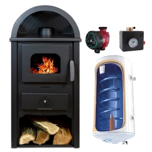 Pachet Termosemineu pe lemn Termax Faurar, 11.52 kW, randament 85.59%, 75 m², Negru, Grup siguranta, Pompa recirculare si Boiler termoelectric Tesy 80 litri