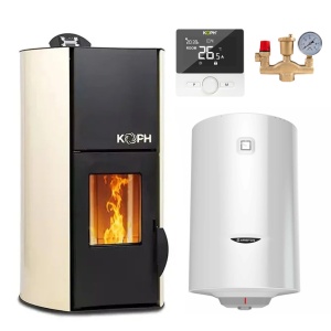 Pachet termosemineu pe peleti KOPH PM 12 kW, 80 mp, buncar peleti 12 kg, diametru cos fum ⌀80 mm, pompa recirculare si vas expansiune incorporate, Boiler termoelectric Ariston 100 litri, Grup siguranta, Termostat inteligent KOPH WT-25