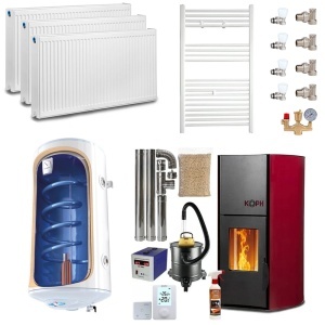 Pachet termosemineu pe peleti KOPH PM 12 kW, 80 mp, buncar peleti 12 kg, diametru cos fum ⌀80 mm, pompa recirculare si vas expansiune incorporate, Bordo, Boiler termoelectric, Grup siguranta, Robineti, Calorifere