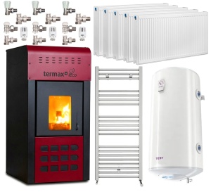 Pachet termosemineu pe peleti Termax Kamin ECO 25 kW, pompa de reciculare si vas expansiune inclus, 5 calorifere tip panou, un calorifer portprosop, 6 seturi robineti, boiler termoelectric 100 litri