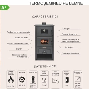 Pachet termosoba pe lemn Termax Codru, 24.43 kW, cuptor integrat, randament 85.10%, 155 m², Antracit si suport lemne foc metalic Termax M cu design vertical si robust, 50 x 40 x 36 cm - Img 11