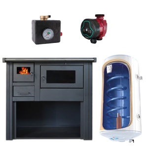 Pachet Termosoba pe lemn Termax Culina, 12.05 kW, evacuare pe dreapta, cuptor integrat, randament 85.29%, 80 m², Bej, Grup siguranta, Pompa recirculare si Boiler termoelectric Tesy 80 litri
