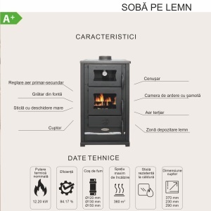 Soba pe lemn Termax Bucovina, 12.2 kW, cuptor incorporat, randament 84.17%, 80 m², Maro - Img 9