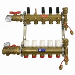 Ansamblu distribuitor pentru incalzire in pardoseala, 5 cai, Giacomini + Robineti cu termometru