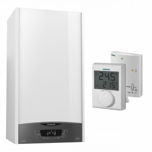 Centrala termica pe gaz in condensare, Ariston Clas One 35, murala, afisaj LCD, IPX5D, protectie inghet, schimbator caldura inox + Termostat SIEMENS wireless neprogramabil, kit evacuare inclus
