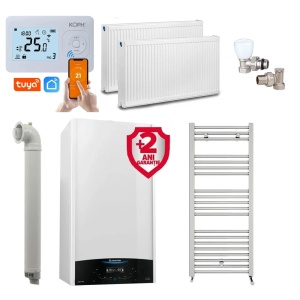 Pachet apartament cu 1 camera, centrala Ariston Genus One+ 24 kW, Clasa A, Schimbator de caldura XtraTech, Ecran LCD tactil, Autodiagnoza, Kit de evacuare inclus + Termostat ambient KOPH i302 + 2 ani extragarantie , Calorifere, Set robineti