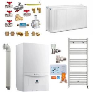 Pachet apartament cu 1 camera, centrala termica pe gaz in condensare Vaillant ecoTEC pure VUW 236/7-2, 20.2 kW, Calorifere, Termostat inteligent, Set robineti, Kit evacuare inclus si Kit complet armaturi montaj