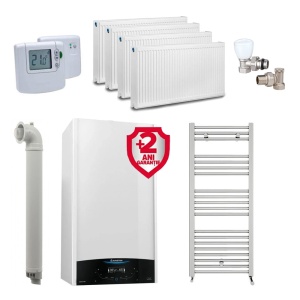 Pachet apartament cu 3 camere, centrala Ariston Genus One+ 35 kW, incalzire si ACM, Kit de evacuare inclus + Termostat ambient fara fir Honeywell DT92A + 2 ani extragarantie, Calorifere, Set robineti tur/retur