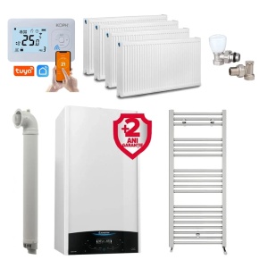 Pachet apartament cu 3 camere, centrala Ariston Genus One+ 35 kW, incalzire si ACM, Kit de evacuare inclus + Termostat ambient inteligent + 2 ani extragarantie, Calorifere, Set robineti tur/retur