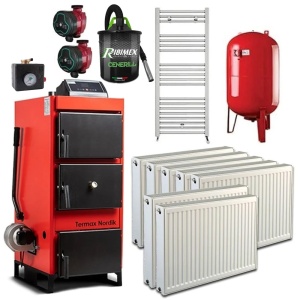Pachet cazan pe lemn/carbune Termax Nordik 29 kW cu ventilator si automatizare, Calorifere, Vas Expansiune, Grup Siguranta, Pompe Recirculare, Aspirator cenusa