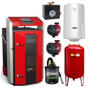Pachet cazan pe lemne cu gazeificare ATTACK DPX, 25 kW, volum manta apa 100 litri, grosime camera ardere 6 mm, randament 91%, lungime maxima bustean 55 cm, cos evacuare Ø150 mm, Vas expaniune, Pompe recirculare, Grup siguranta, Boiler termoelectric 100 l