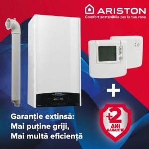 Pachet centrala Ariston Genus One+ 35 kW, incalzire si ACM, Kit de evacuare inclus + Termostat ambient fara fir Honeywell DT92A + 2 ani extragarantie