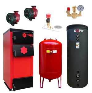 Pachet Centrala/Cazan pe lemn KOPH ECO 30 kW, cu ardere standard, 180 mp, volum manta apa 84 litri, diametru cos fum ⌀179 mm, randament 86%, Puffer, Pompe recirculare, Regulator tiraj, Grup siguranta
