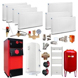Pachet Centrala/Cazan pe lemn KOPH ECO 30 kW, cu ardere standard, 180 mp, volum manta apa 84 litri, diametru cos fum ⌀179 mm, randament 86%, Calorifere, Boiler termoelectric, Vas expansiune, Pompe recirculare