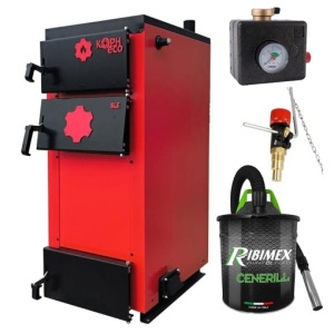 Pachet Centrala/Cazan pe lemn KOPH ECO 40 kW, cu ardere standard, 250 mp, volum manta apa 91 litri, diametru cos fum ⌀179 mm, randament 86%, Grup Siguranta KOPH, Regulator de Tiraj Honeywell, Aspirator cenusa