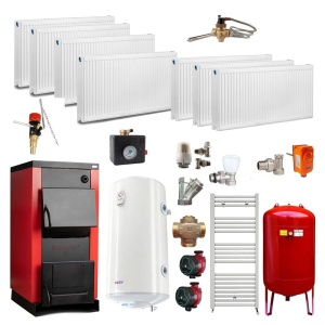 Pachet Centrala/Cazan pe lemn Termax 30 kW, cu ardere standard, volum manta apa 90 litri, Calorifere, Boiler termoelectric, Pompe recirculare, Grup siguranta