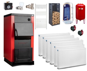 Pachet centrala/Cazan pe lemn Termax 35 kW, cu ardere standard, volum manta apa 105 litri, Calorifere, Vas Expansiune, Boiler termoelectric, Pompe Recirculare
