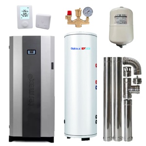 Pachet centrala cu peleti Termax Compact 30 kW, 200 mp, buncar peleti 90 kg, volum apa 70 litri, diametru cos fum ⌀80 mm, vas expansiune si pompa recirculare incluse, Boiler stativ cu serpentina marita 2 in 1 ACM & Buffer, Grup siguranta