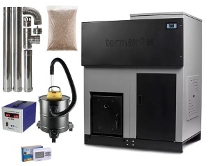 Pachet centrala cu peleti Termax ECO GRI 35 kW, 220 mp, buncar peleti 130 kg, diametru cos fum ⌀80 mm, volum apa 95 litri