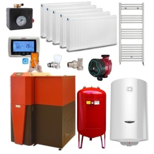 Pachet centrala mixta lemn/pelet Termax Tera 28 kW, 185 mp, buncar peleti 95 kg, volum manta apa 75 litri, diametru cos Ø120 mm, Termostat ambiental KOPH CT99, Pompa recirculare, Boiler termoelectric 100 litri, Grup siguranta, Calorifere si Robineti
