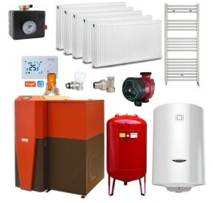 Pachet centrala mixta lemn/pelet Termax Tera 28 kW, 185 mp, buncar peleti 95 kg, volum manta apa 75 litri, diametru cos Ø120 mm, Termostat ambiental KOPH, Pompa recirculare, Boiler termoelectric 100 litri, Grup siguranta, Calorifere si Robineti