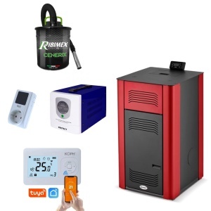Pachet centrala peleti Termax Tera 18 KW, 120 mp, buncar peleti 30 kg, diametru cos fum ⌀80 mm, pompa recirculare si vas expansiune incorporate, Sursa KOPH + Aspirator cenusa + Termostat inteligent
