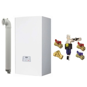 Pachet centrala termica pe gaz conventionala Arca Pixel 25F, 24 kW conventionala, tiraj fortat, incalzire si ACM, Kit de evacuare inclus si kit de instalare cu filtru magnetic Tiemme 3/4"